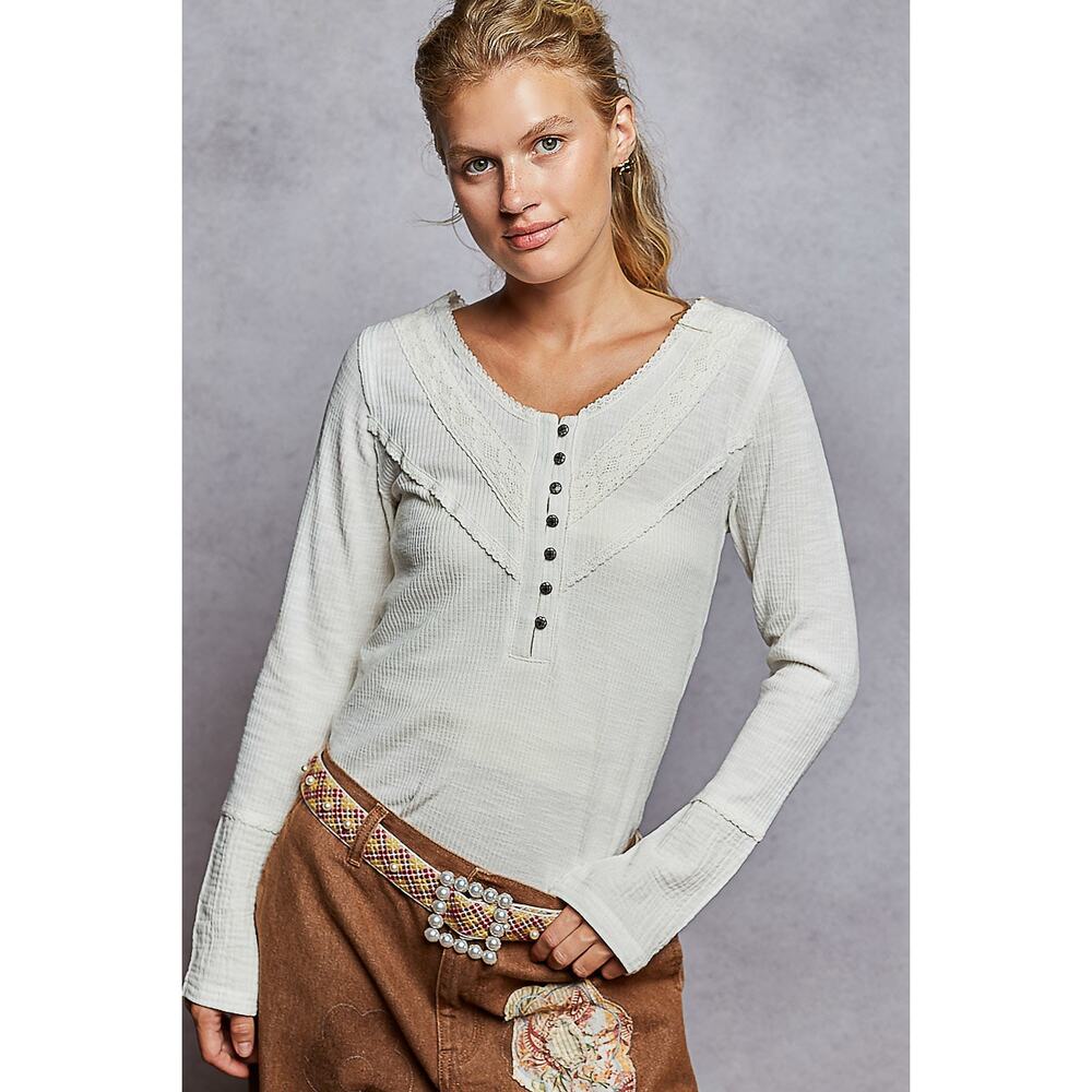 POL Half Button Lace Detail Long Sleeves Crew Neck Casual Rib Knit Top | Ivory - Picture 3 of 6